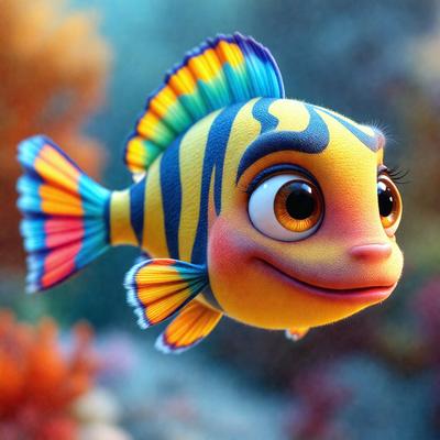 The primary subject of the image is a colorful fish with a yellow and black striped pattern. The fish is floating in a vibrant underwater environment, which includes a variety of red and orange colors. The visual style of the image is a combination of photo and digital art, creating a unique and eye-catching scene. The overall atmosphere of the image is lively and engaging, with the fish as the main focus.
